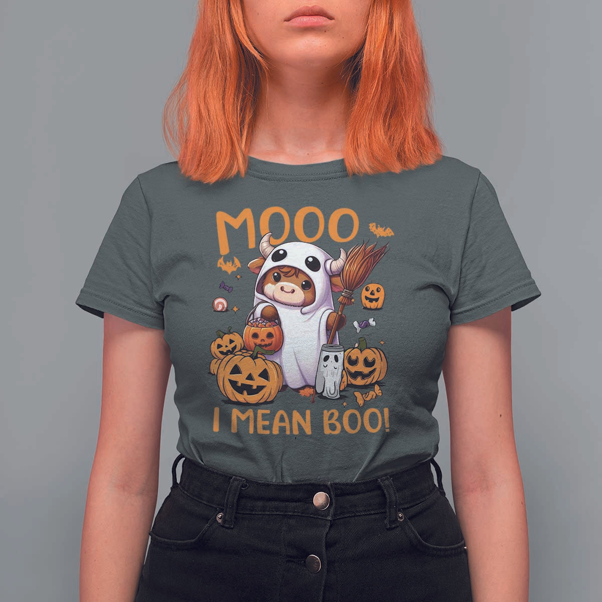 Spooky Cow Halloween T Shirt For Women Moo I Mean Boo Funny Ghost Heifer - Wonder Print Shop