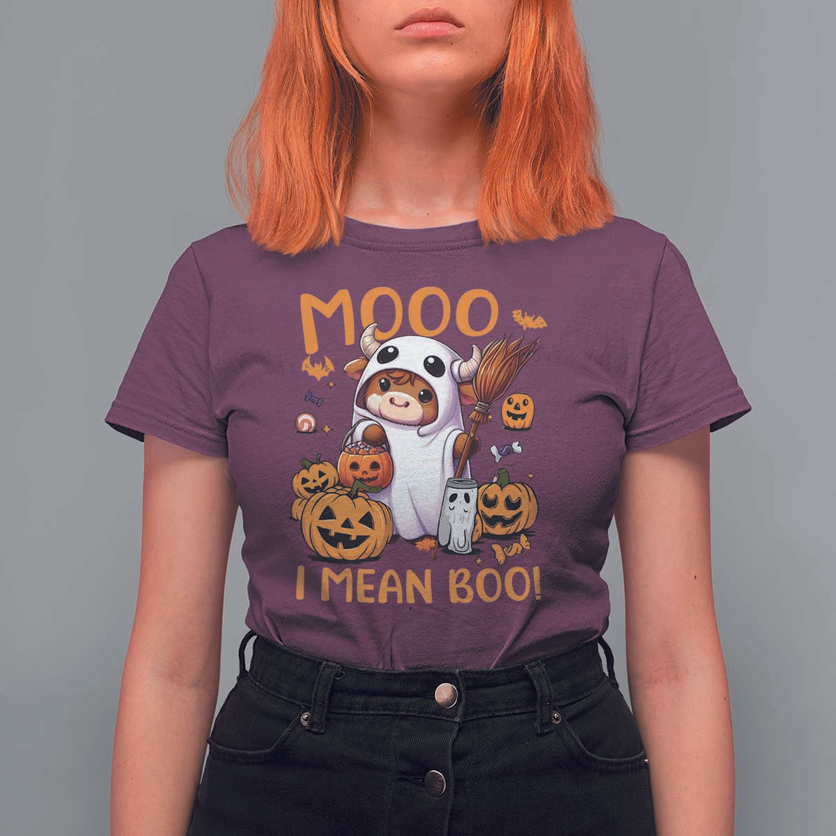 Spooky Cow Halloween T Shirt For Women Moo I Mean Boo Funny Ghost Heifer - Wonder Print Shop