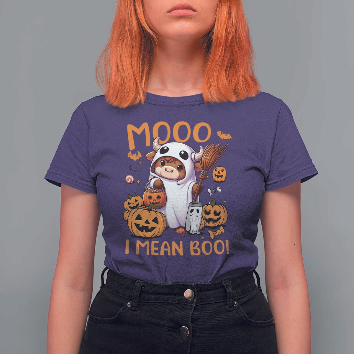 Spooky Cow Halloween T Shirt For Women Moo I Mean Boo Funny Ghost Heifer - Wonder Print Shop