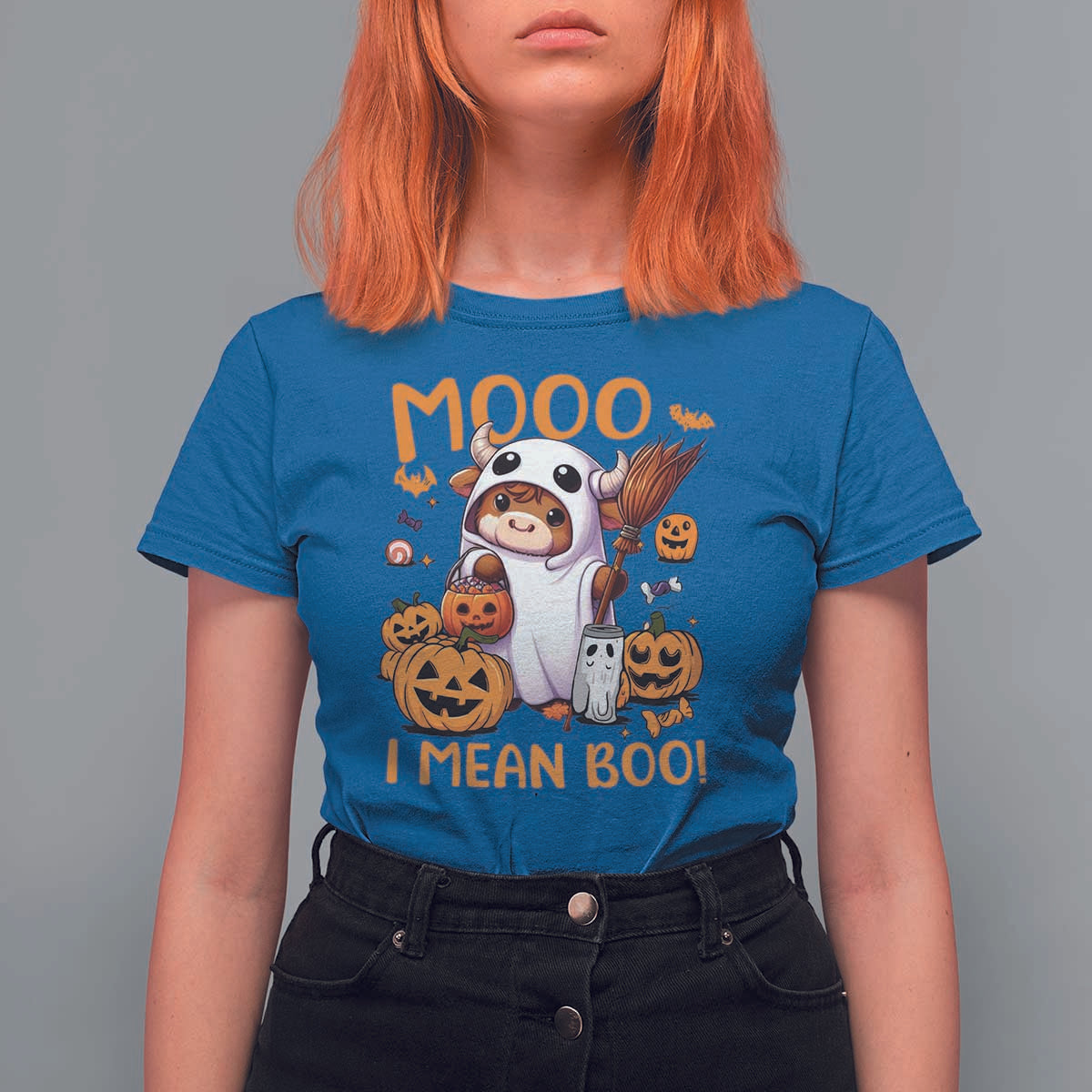 Spooky Cow Halloween T Shirt For Women Moo I Mean Boo Funny Ghost Heifer - Wonder Print Shop