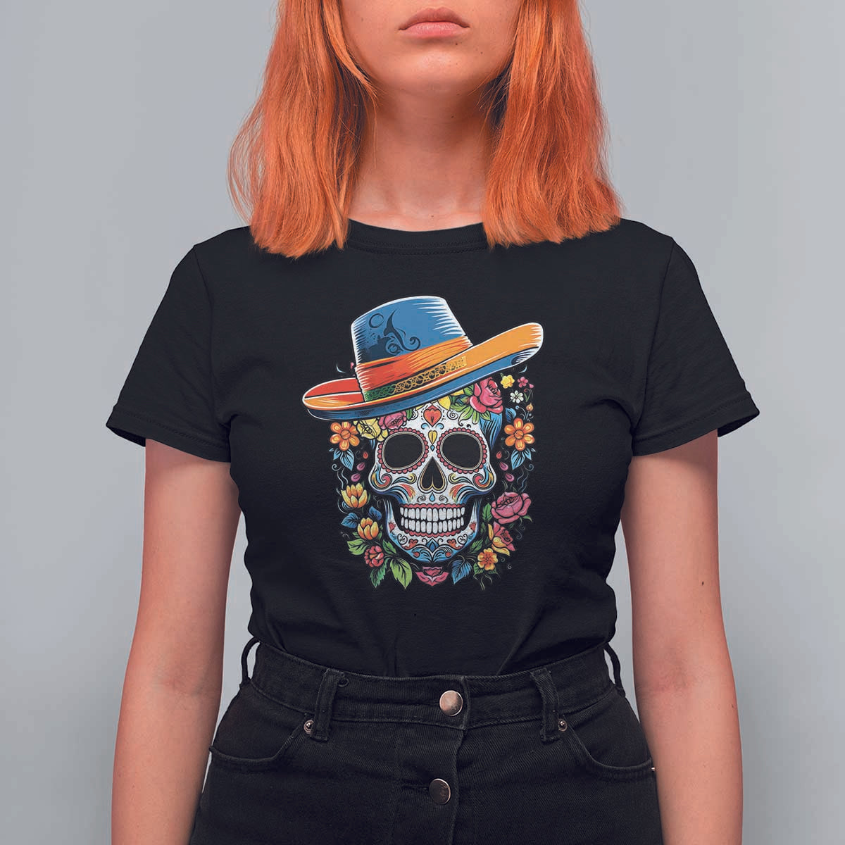 Day Of The Dead T Shirt For Women Sugar Skull Dia De Los Muertos Halloween Flower - Wonder Print Shop
