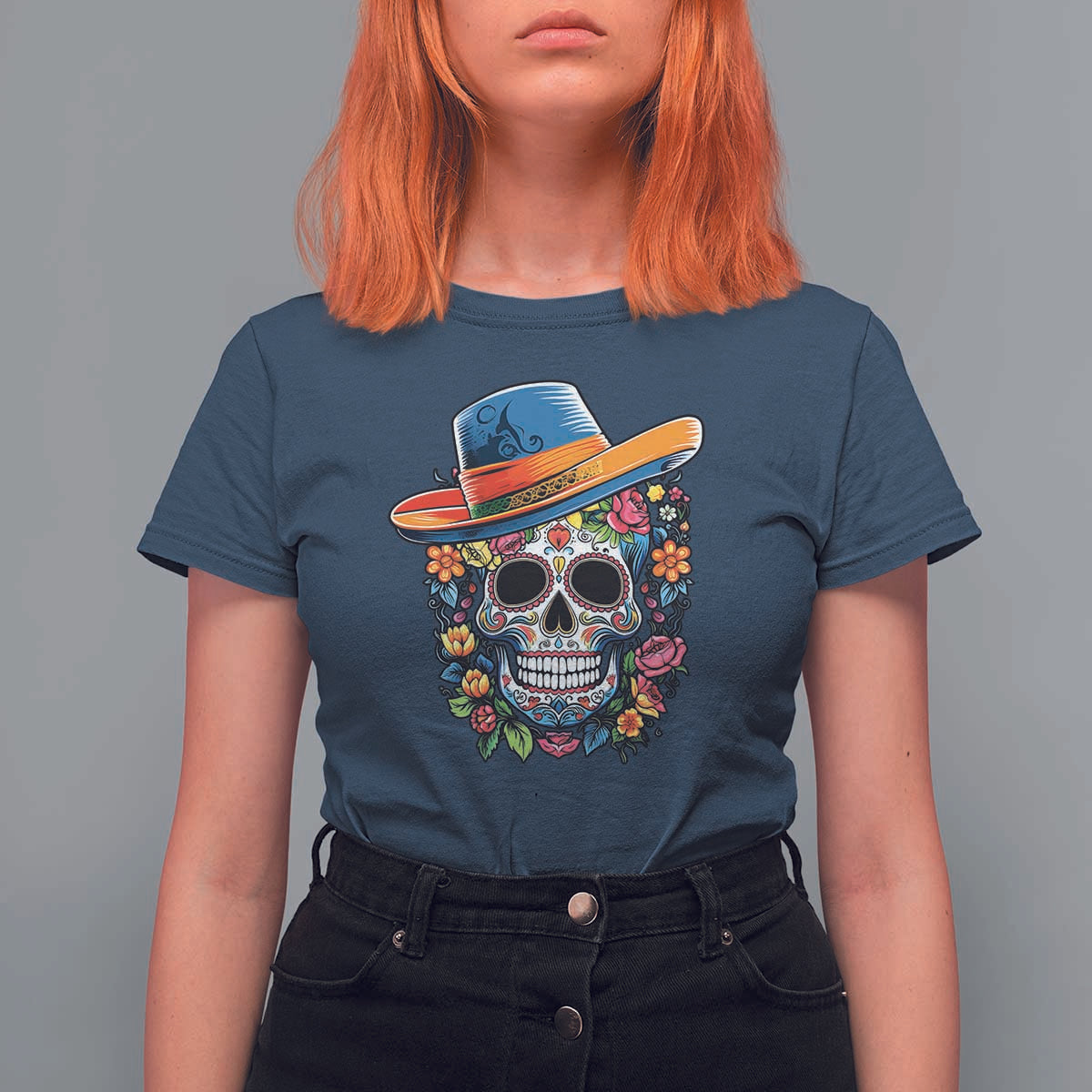 Day Of The Dead T Shirt For Women Sugar Skull Dia De Los Muertos Halloween Flower - Wonder Print Shop