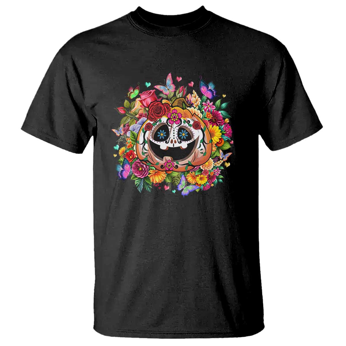 Day Of The Dead T Shirt Pumpkin Sugar Skull Halloween Flowers - Wonder Print Shop
