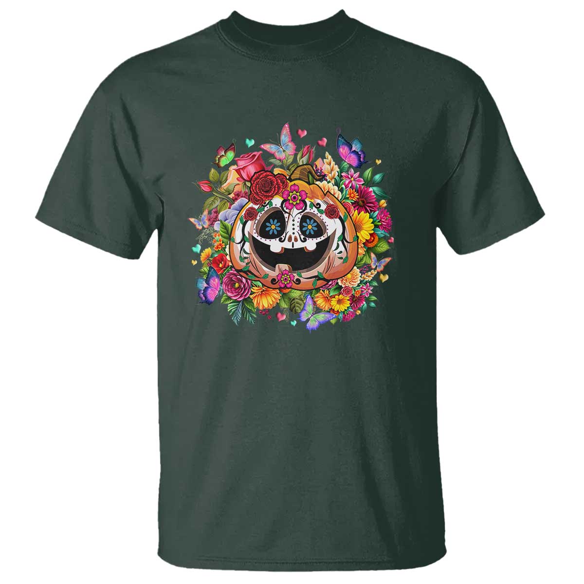 Day Of The Dead T Shirt Pumpkin Sugar Skull Halloween Flowers - Wonder Print Shop