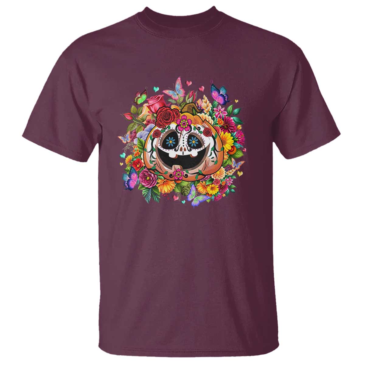 Day Of The Dead T Shirt Pumpkin Sugar Skull Halloween Flowers - Wonder Print Shop
