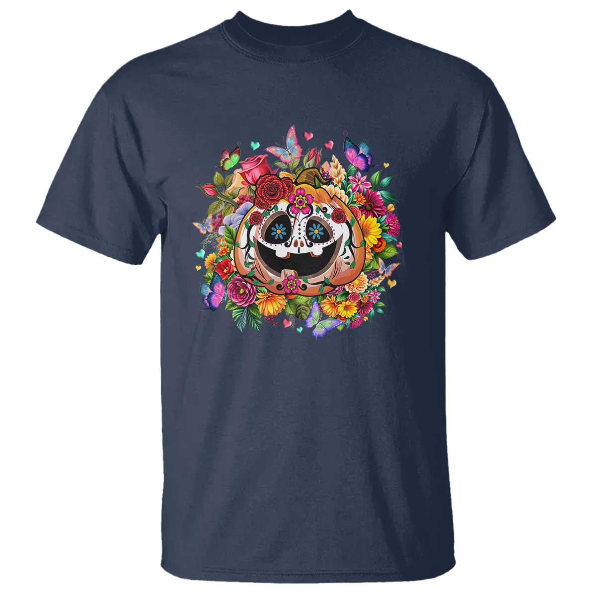 Day Of The Dead T Shirt Pumpkin Sugar Skull Halloween Flowers - Wonder Print Shop