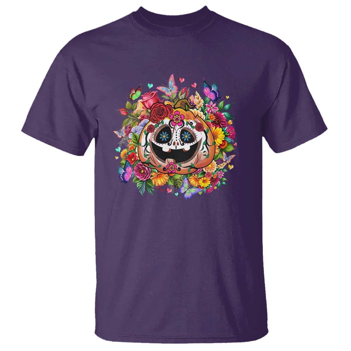 Day Of The Dead T Shirt Pumpkin Sugar Skull Halloween Flowers - Wonder Print Shop