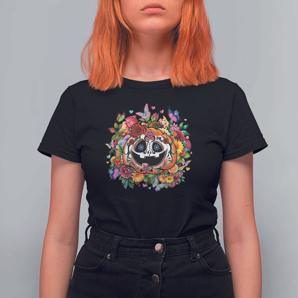Day Of The Dead T Shirt For Women Pumpkin Sugar Skull Halloween Flowers - Wonder Print Shop