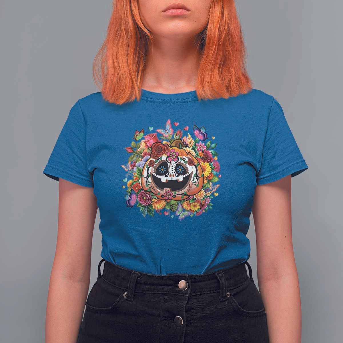 Day Of The Dead T Shirt For Women Pumpkin Sugar Skull Halloween Flowers - Wonder Print Shop
