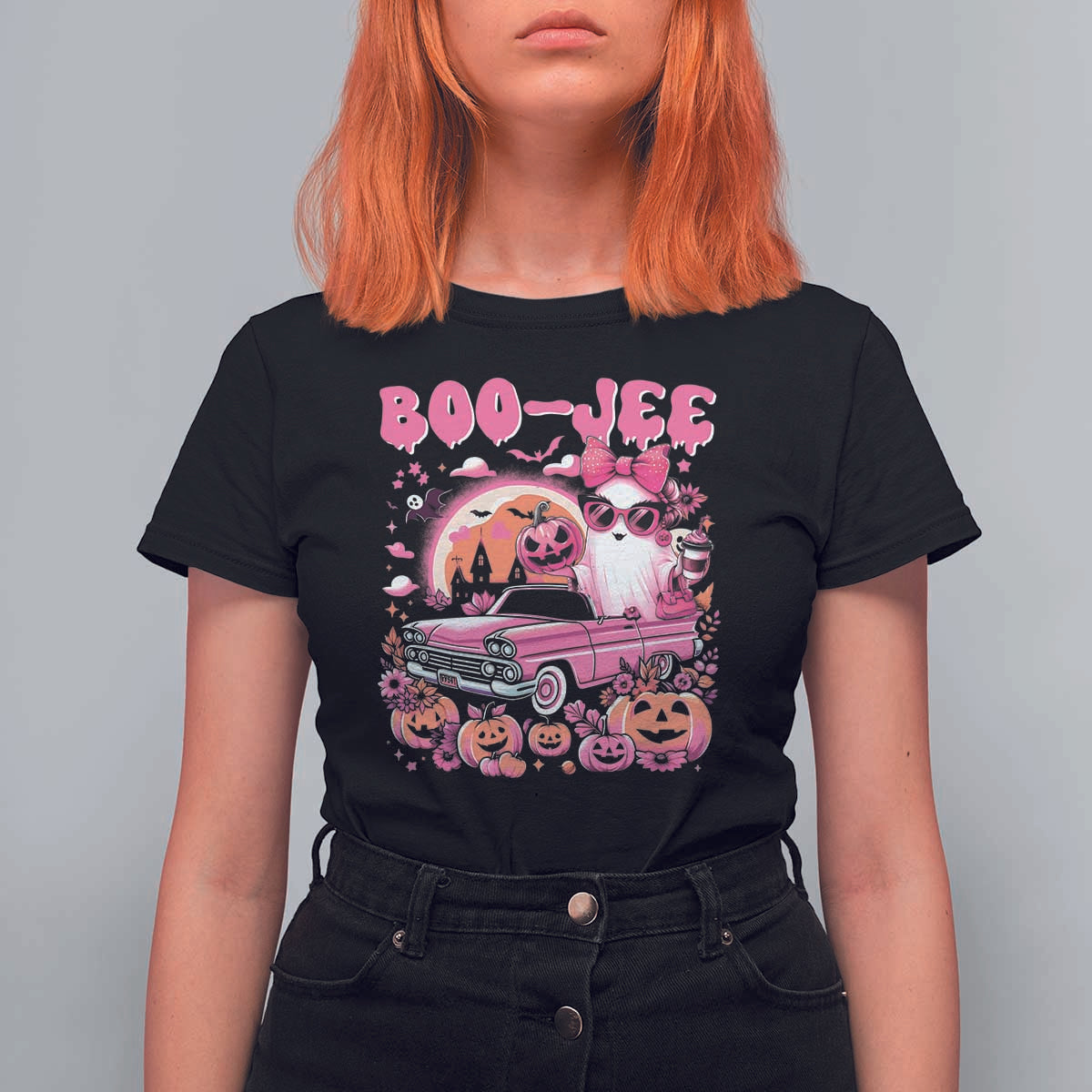 Funny Halloween T Shirt For Women Boo Jee Pink Ghost Boujee Pumpkin Haunted House - Wonder Print Shop
