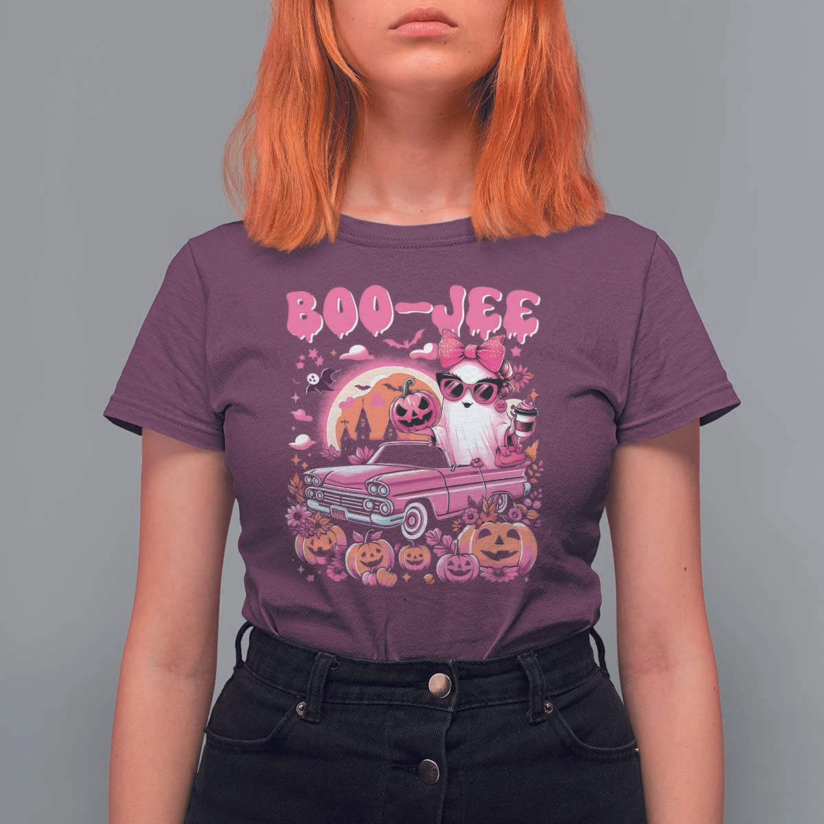 Funny Halloween T Shirt For Women Boo Jee Pink Ghost Boujee Pumpkin Haunted House - Wonder Print Shop