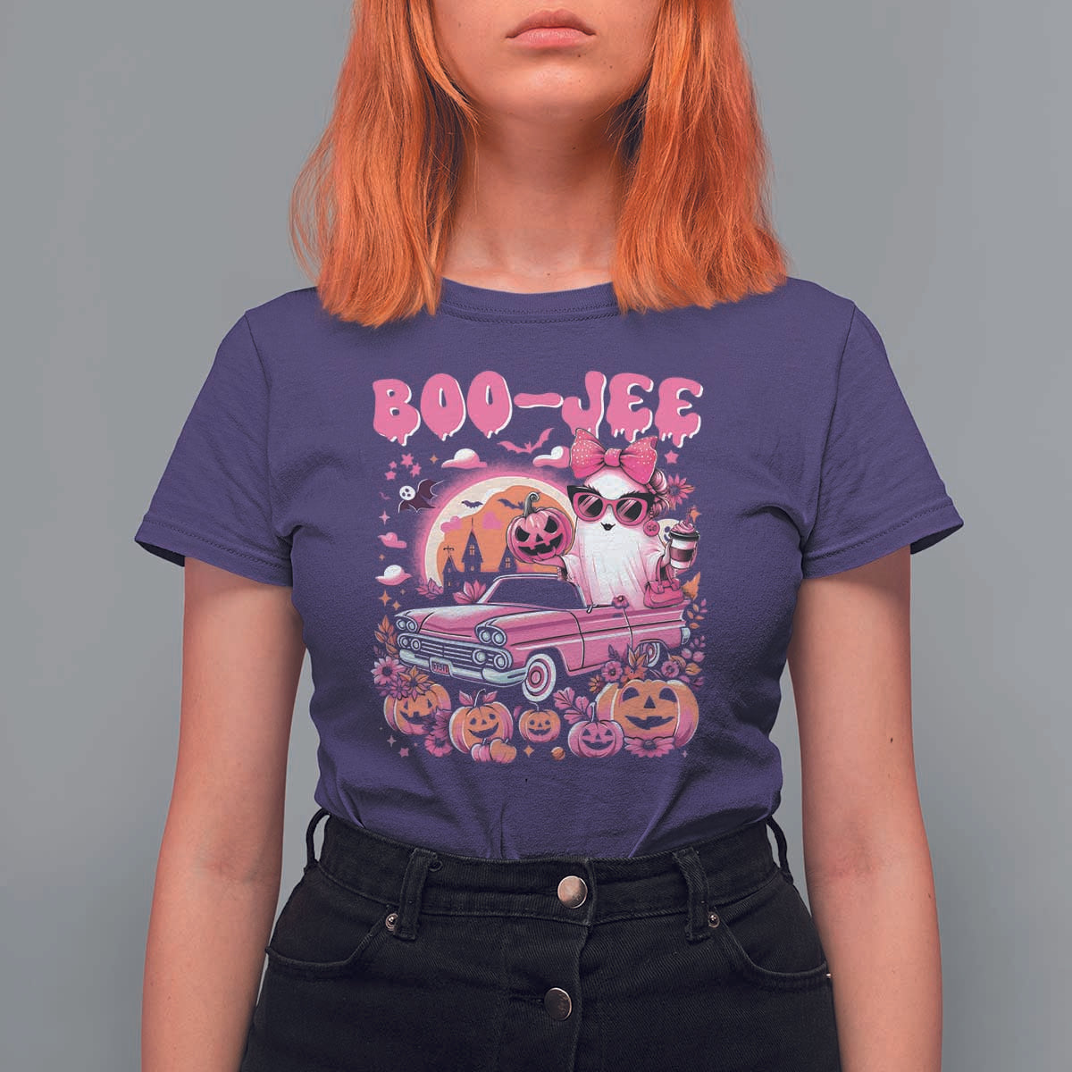 Funny Halloween T Shirt For Women Boo Jee Pink Ghost Boujee Pumpkin Haunted House - Wonder Print Shop
