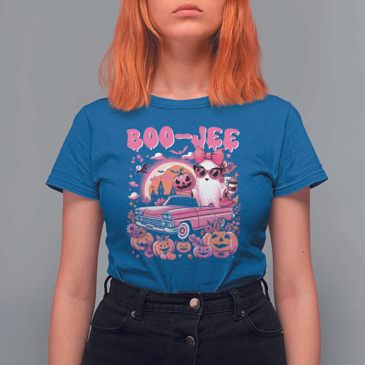 Funny Halloween T Shirt For Women Boo Jee Pink Ghost Boujee Pumpkin Haunted House - Wonder Print Shop