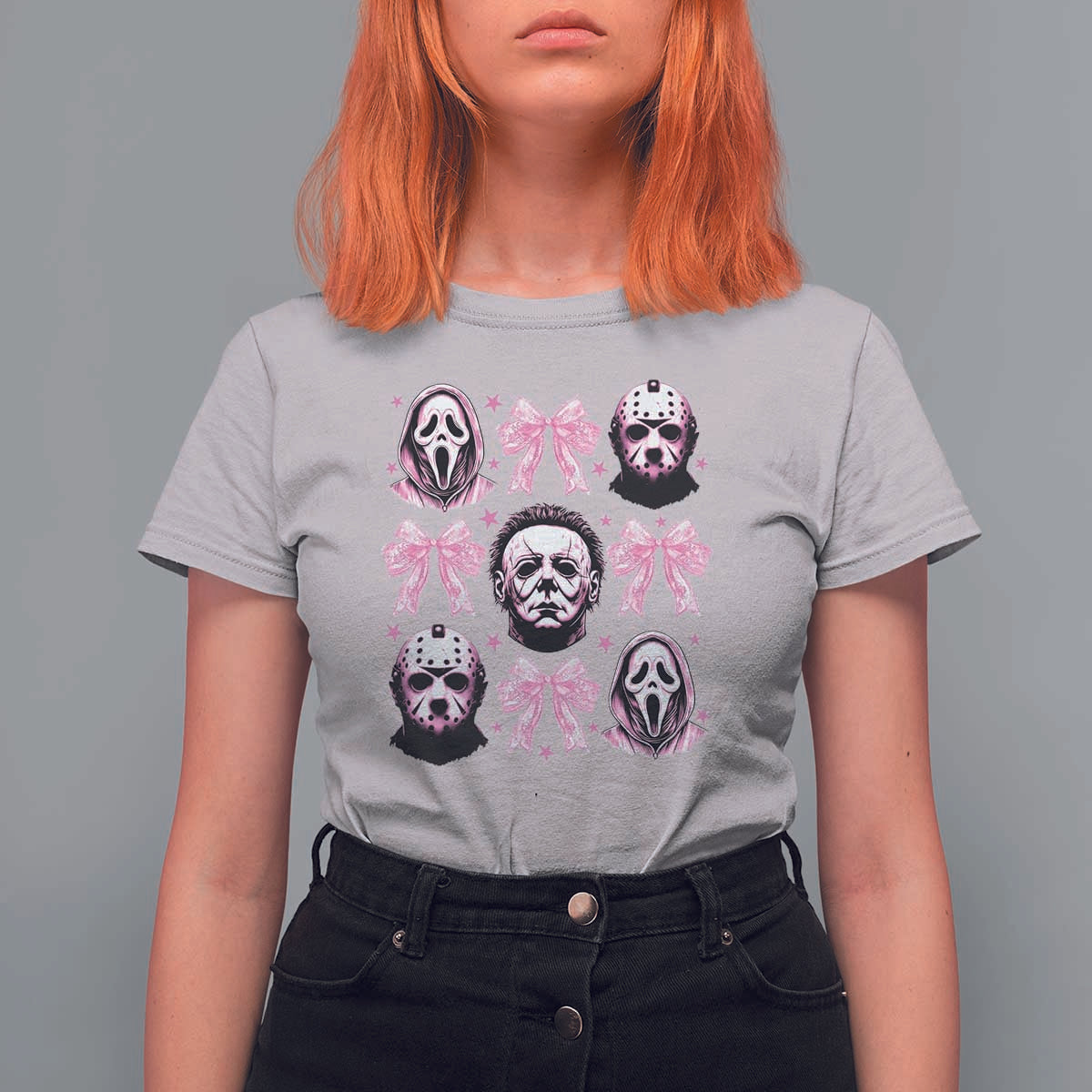 Halloween T Shirt For Women Scary Murderers Pink Bows Coquette Aesthetic - Wonder Print Shop