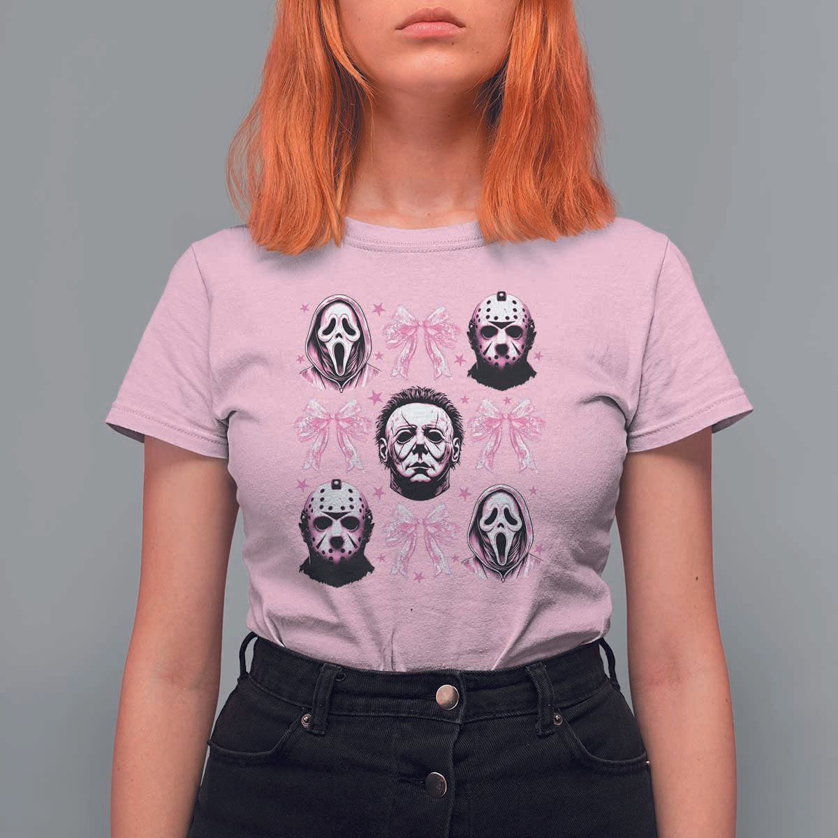 Halloween T Shirt For Women Scary Murderers Pink Bows Coquette Aesthetic - Wonder Print Shop