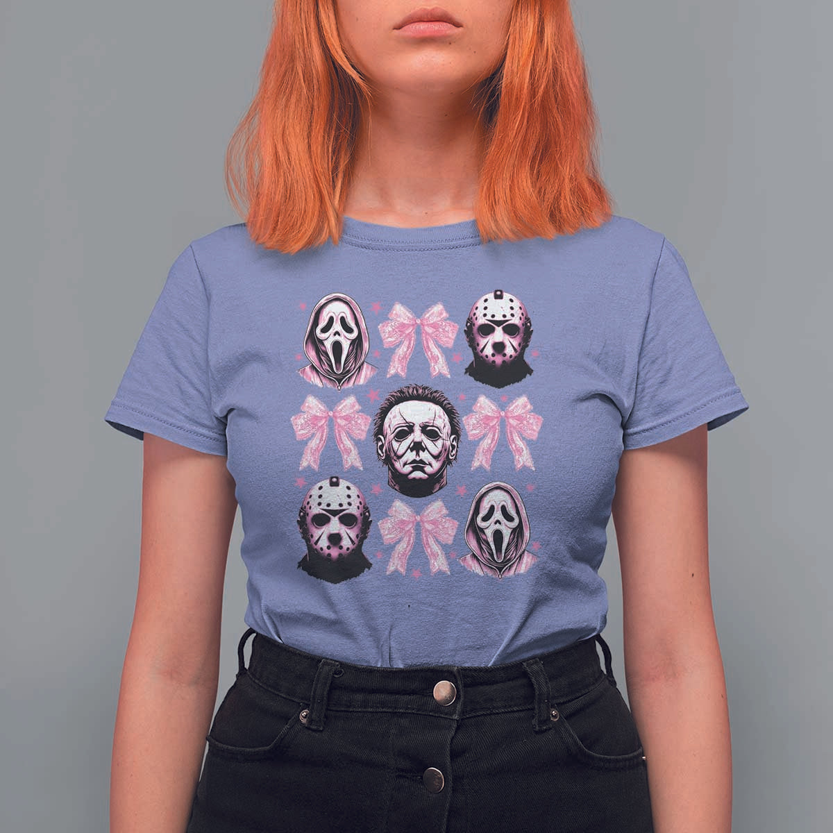 Halloween T Shirt For Women Scary Murderers Pink Bows Coquette Aesthetic - Wonder Print Shop