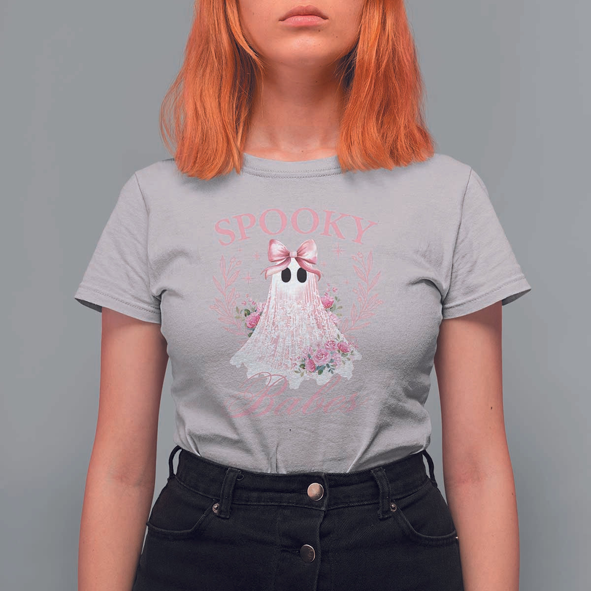 Halloween T Shirt For Women Spooky Babes Pink Ghost Coquette Aesthetic - Wonder Print Shop