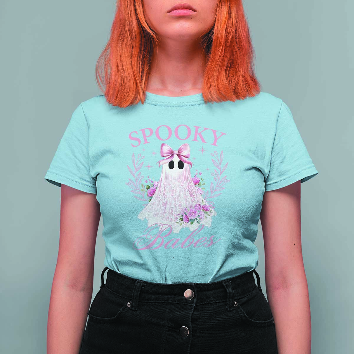 Halloween T Shirt For Women Spooky Babes Pink Ghost Coquette Aesthetic - Wonder Print Shop