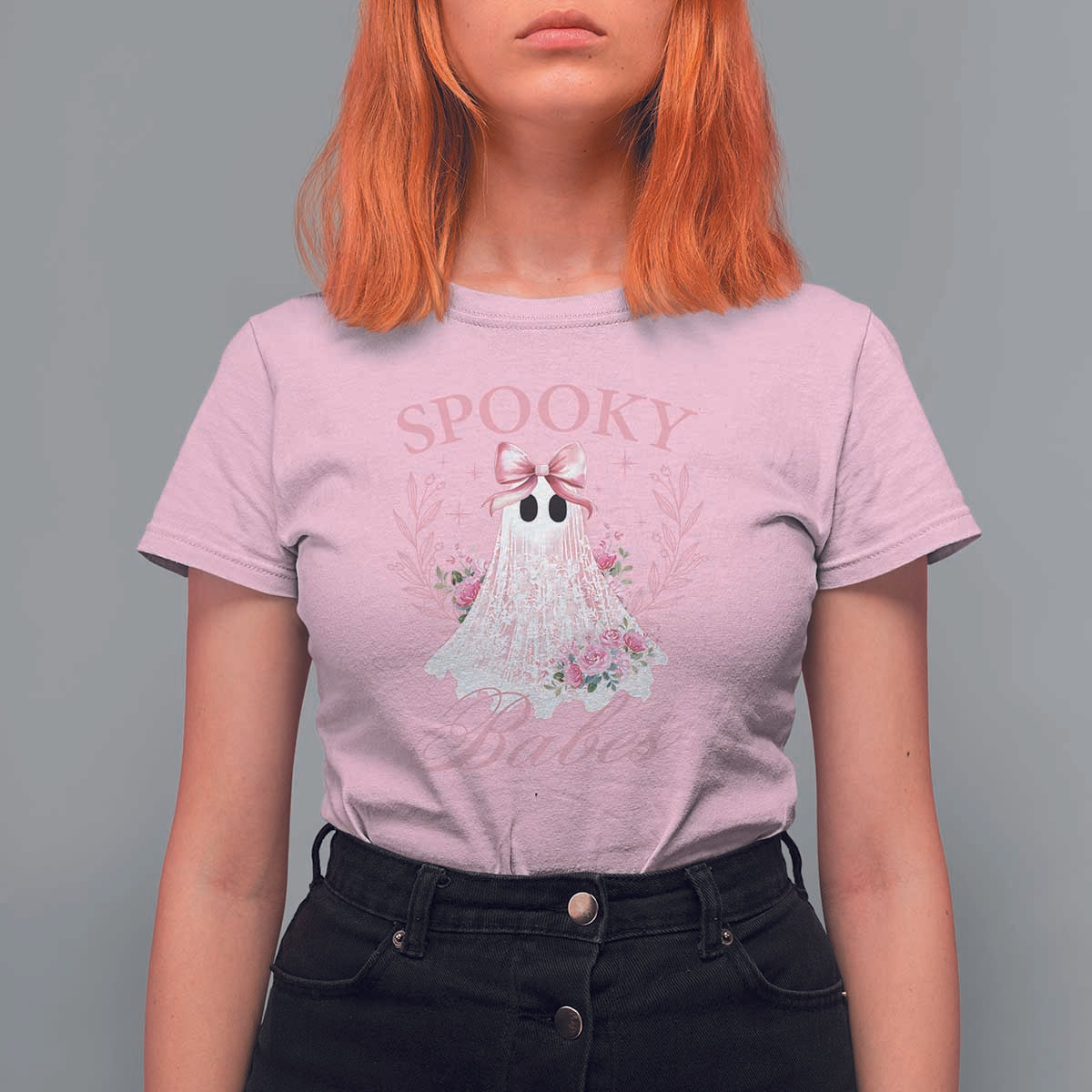 Halloween T Shirt For Women Spooky Babes Pink Ghost Coquette Aesthetic - Wonder Print Shop