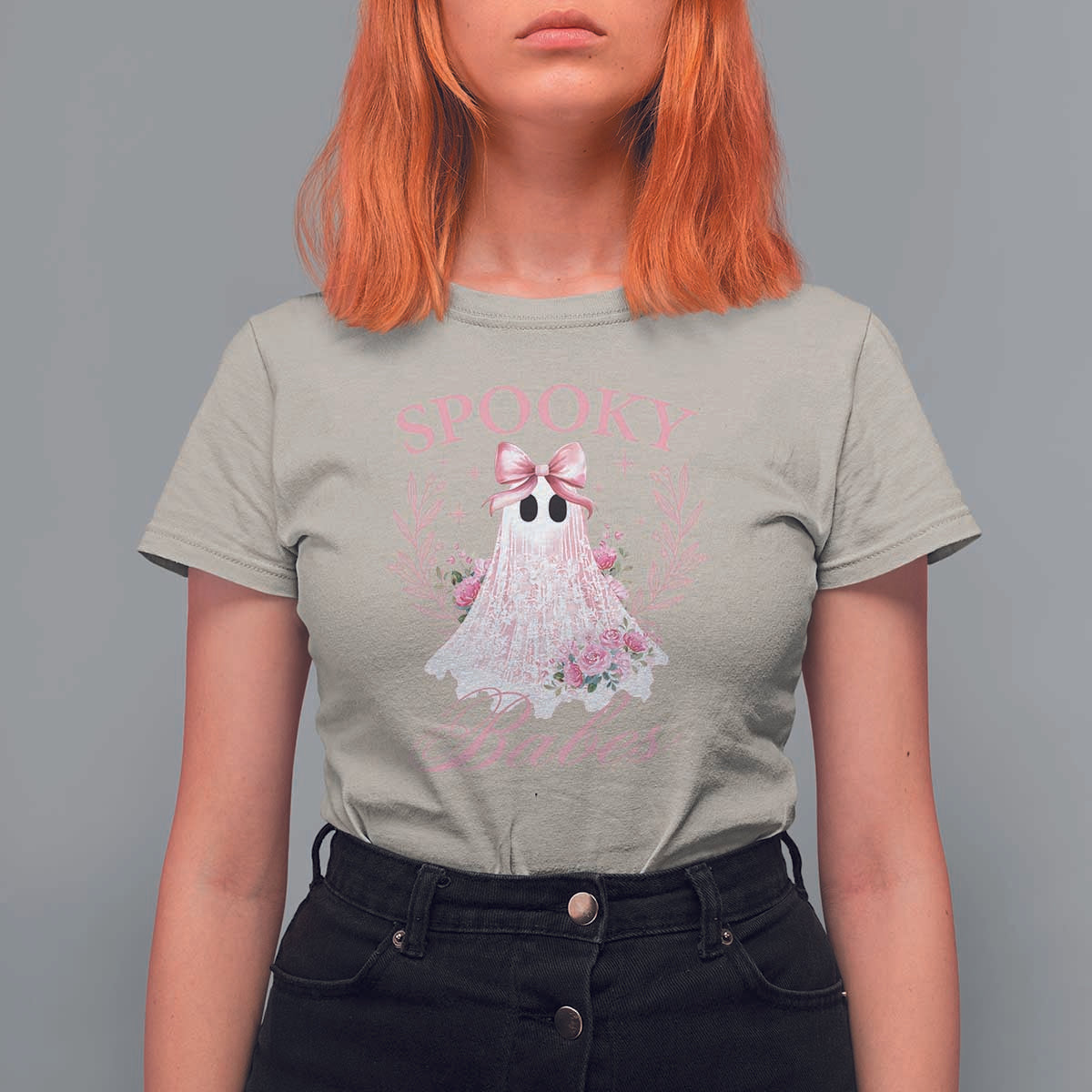 Halloween T Shirt For Women Spooky Babes Pink Ghost Coquette Aesthetic - Wonder Print Shop
