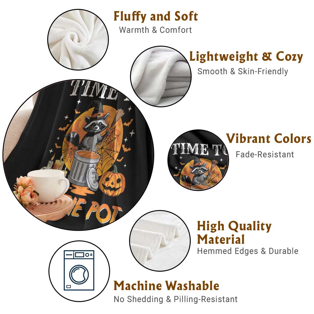 Funny Halloween Throw Blanket Time To Stir The Pot Cute Raccoon Pumpkin - Wonder Print Shop