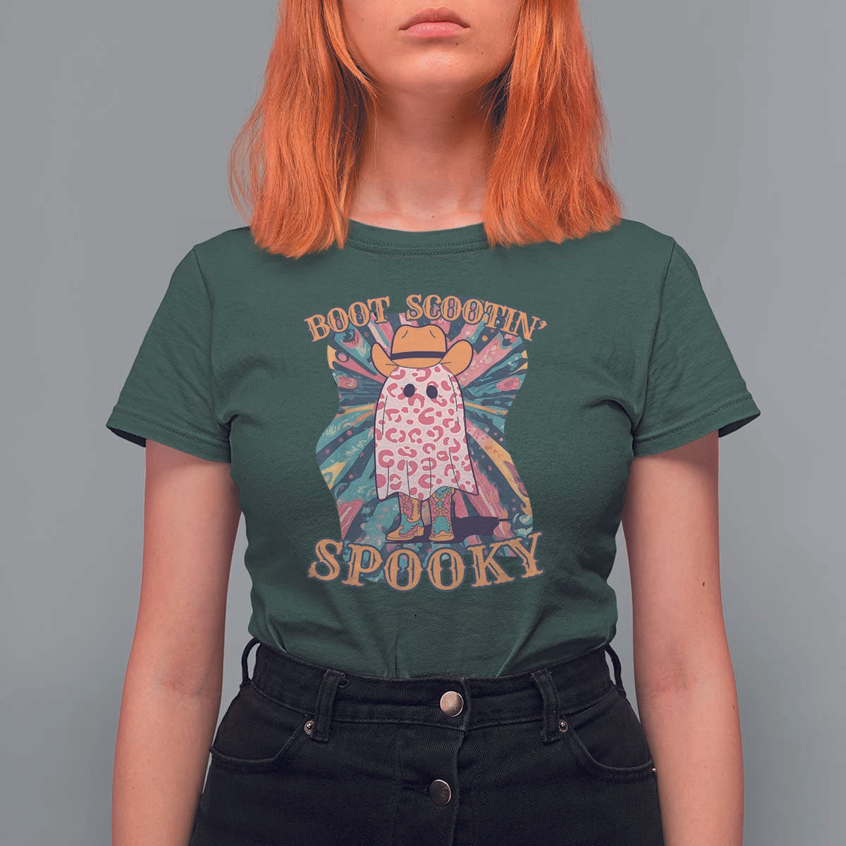 Halloween Western T Shirt For Women Boot Scootin' Spooky Cute Country Cowboy Ghost - Wonder Print Shop