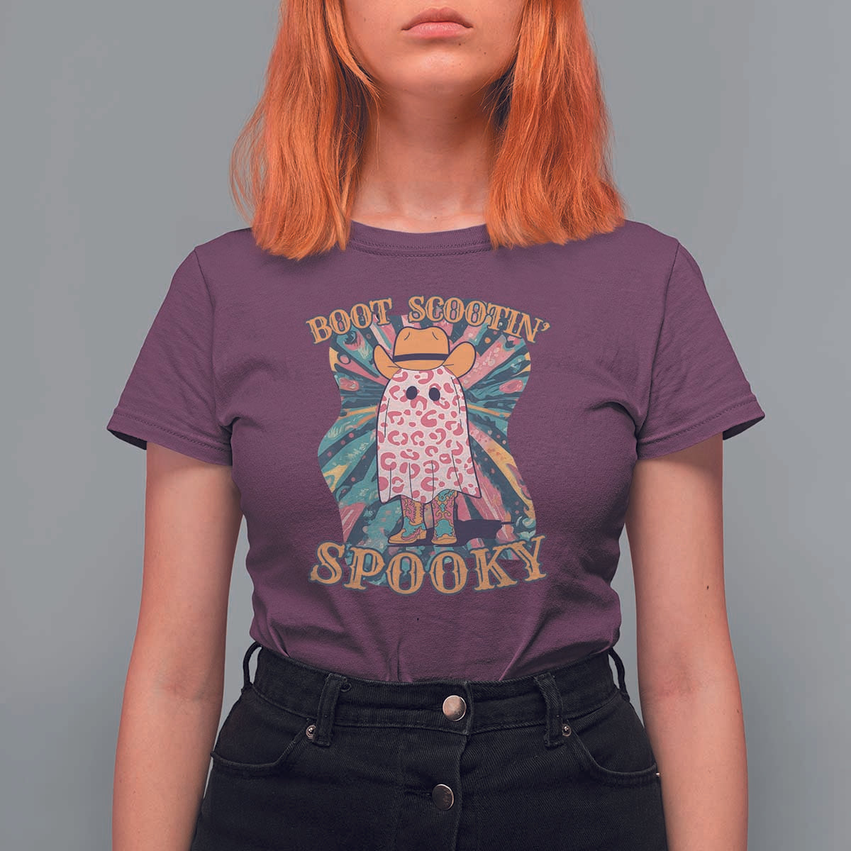 Halloween Western T Shirt For Women Boot Scootin' Spooky Cute Country Cowboy Ghost - Wonder Print Shop