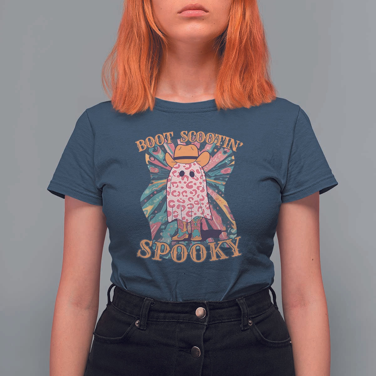 Halloween Western T Shirt For Women Boot Scootin' Spooky Cute Country Cowboy Ghost - Wonder Print Shop