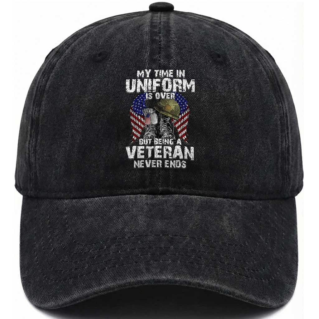 US Veterans Washed Cotton Baseball Cap My Time In Uniform Is Over But Being A Veteran Never Dies