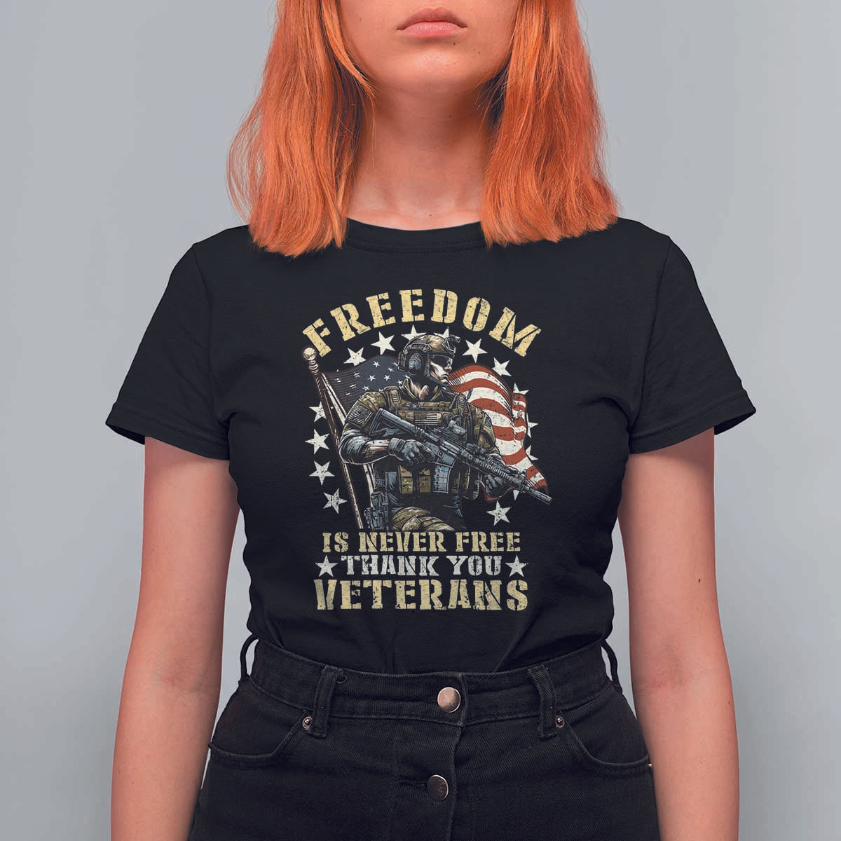 Veterans T Shirt For Women Freedom Is Never Free Thank You Veterans American Flag Military - Wonder Print Shop