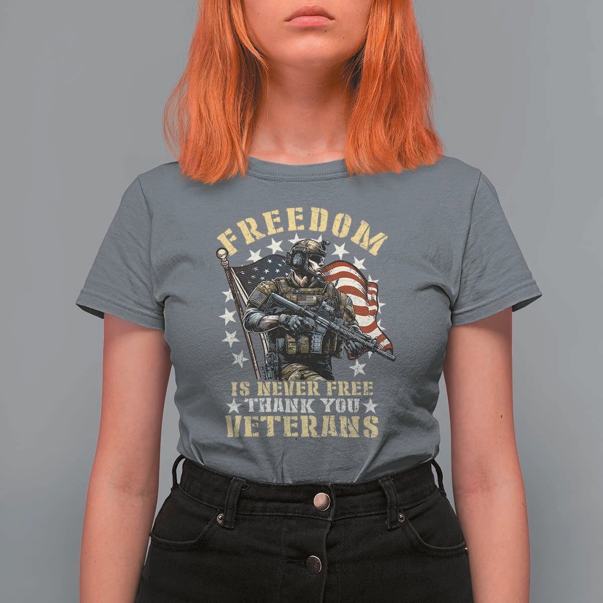 Veterans T Shirt For Women Freedom Is Never Free Thank You Veterans American Flag Military - Wonder Print Shop