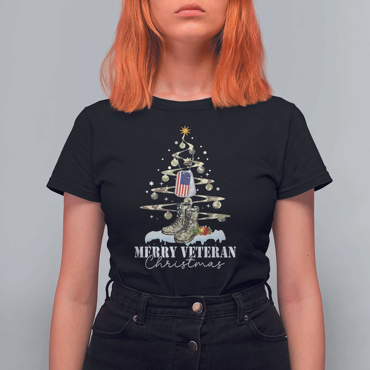 Veteran Day Xmas T Shirt For Women Merry Veteran Christmas Fir Tree Dog Tag Combat Shoes - Wonder Print Shop