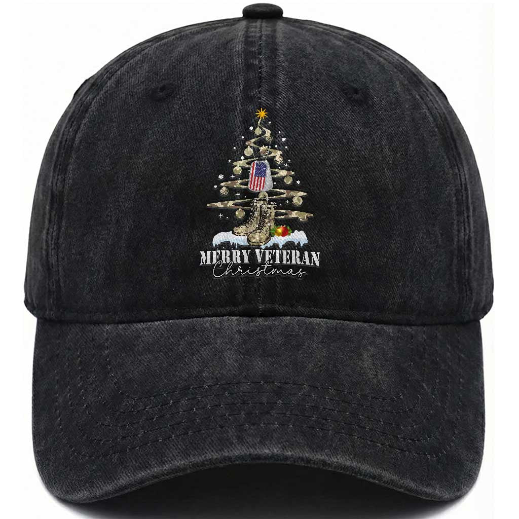 Veteran Day Xmas Washed Cotton Baseball Cap Merry Veteran Christmas Fir Tree Dog Tag Combat Shoes