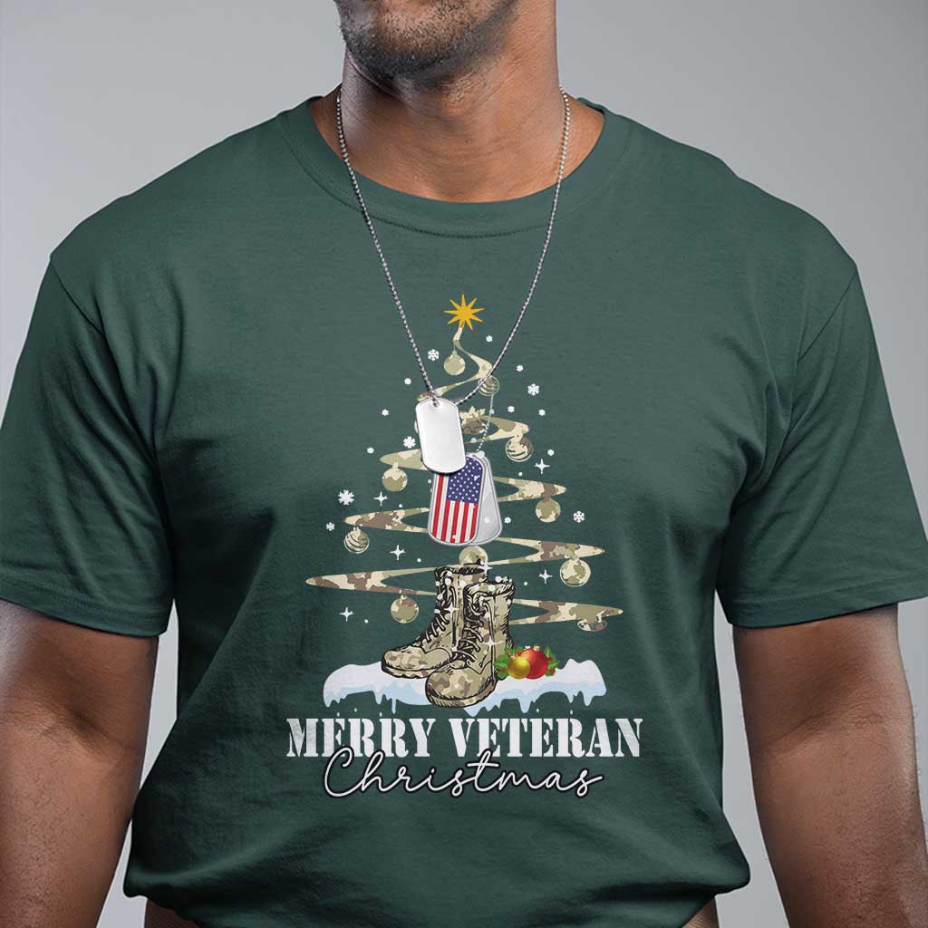 Veteran Day Xmas T Shirt Merry Veteran Christmas Fir Tree Dog Tag Combat Shoes - Wonder Print Shop