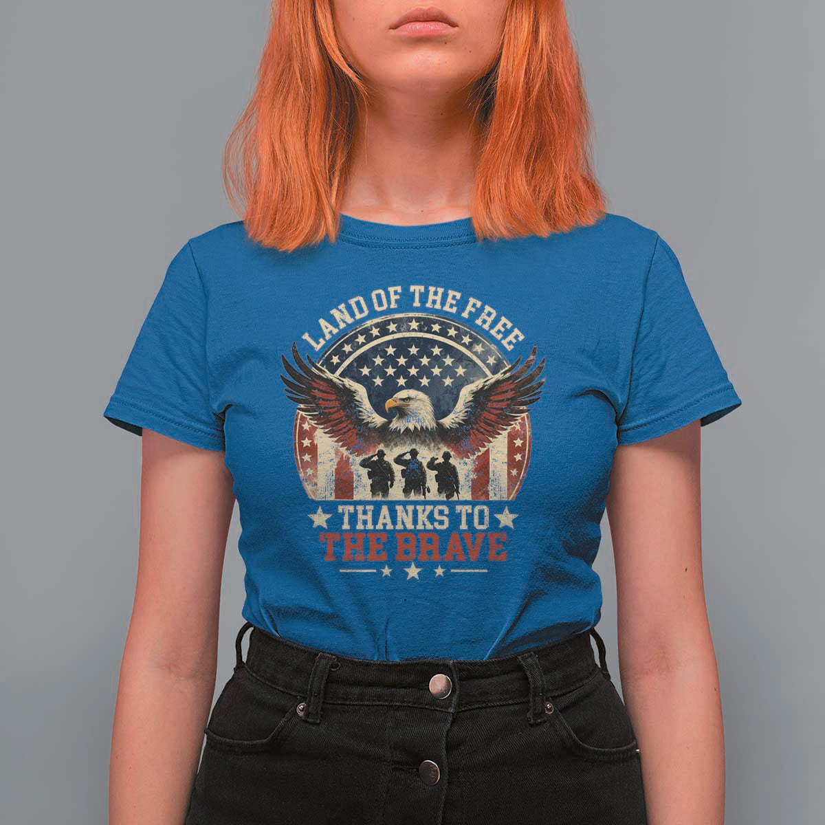 Veterans T Shirt For Women Land Of The Free Thanks To The Brave American Flag Eagle - Wonder Print Shop