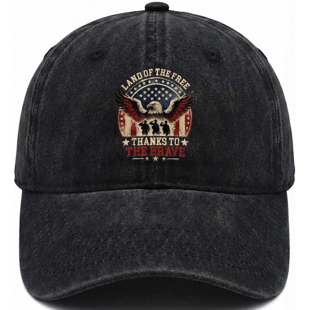 US Veterans Washed Cotton Baseball Cap Land Of The Free Thanks To The Brave American Flag Eagle