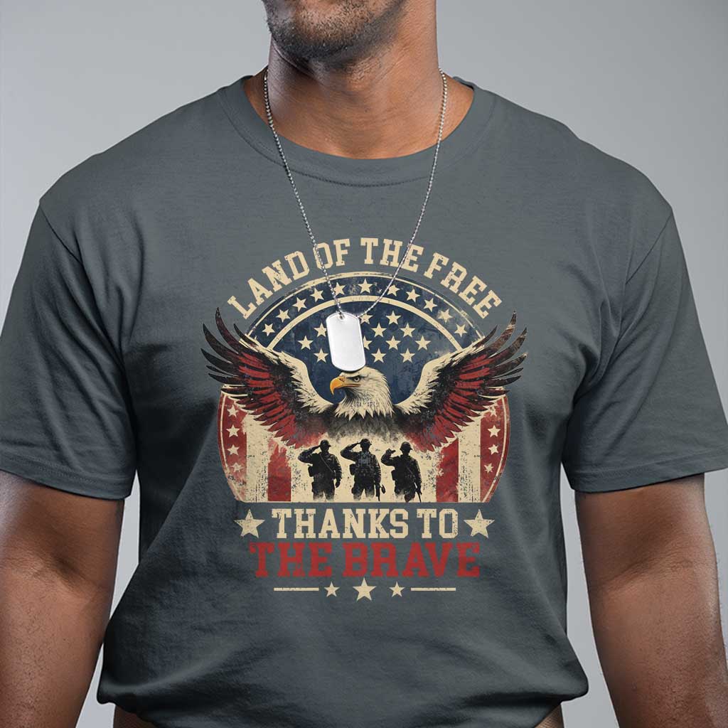 Veterans T Shirt Land Of The Free Thanks To The Brave American Flag Eagle - Wonder Print Shop
