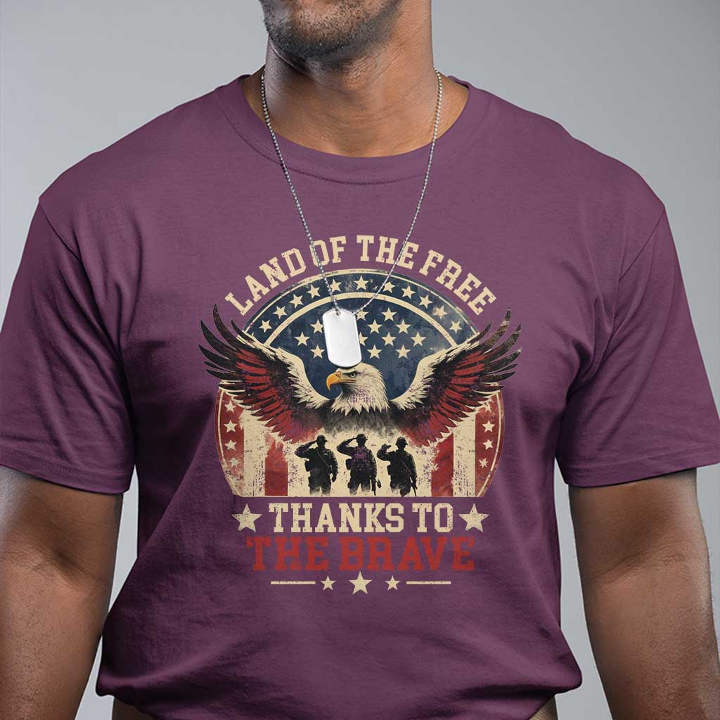 Veterans T Shirt Land Of The Free Thanks To The Brave American Flag Eagle - Wonder Print Shop