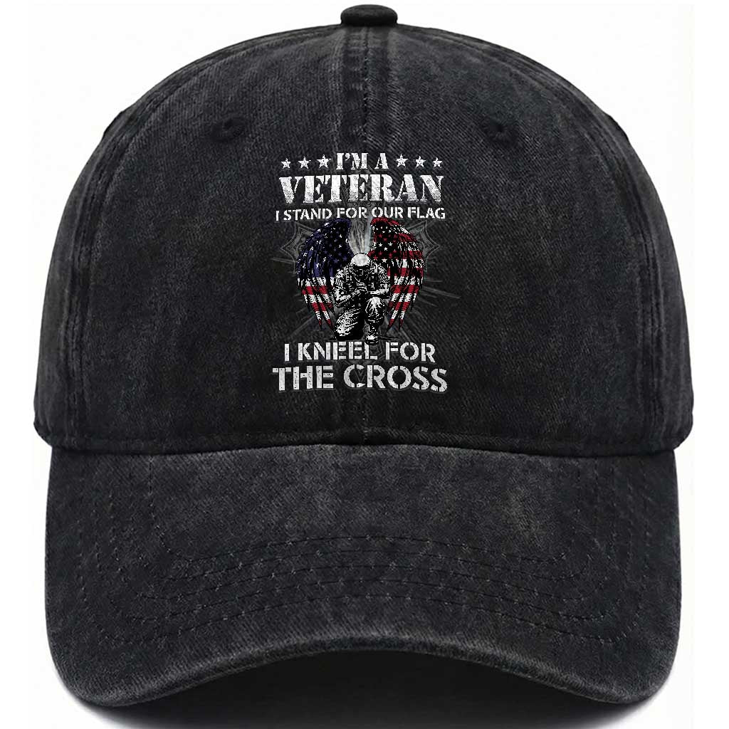 US Veterans Washed Cotton Baseball Cap I'm A Veteran I Stand For Our Flag I Kneel For The Cross Military