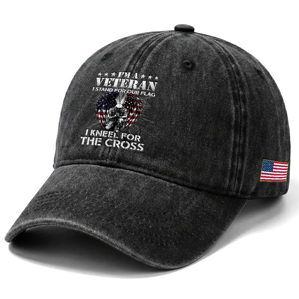 US Veterans Washed Cotton Baseball Cap I'm A Veteran I Stand For Our Flag I Kneel For The Cross Military