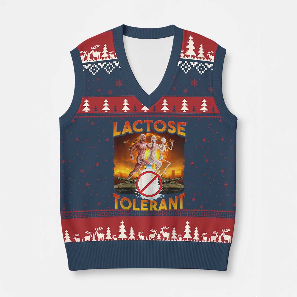 Funny Lactose Tolerant V-Neck Knit Sweater Vest Ironic Sarcastic Funny Humor Cringe Meme - Wonder Print Shop