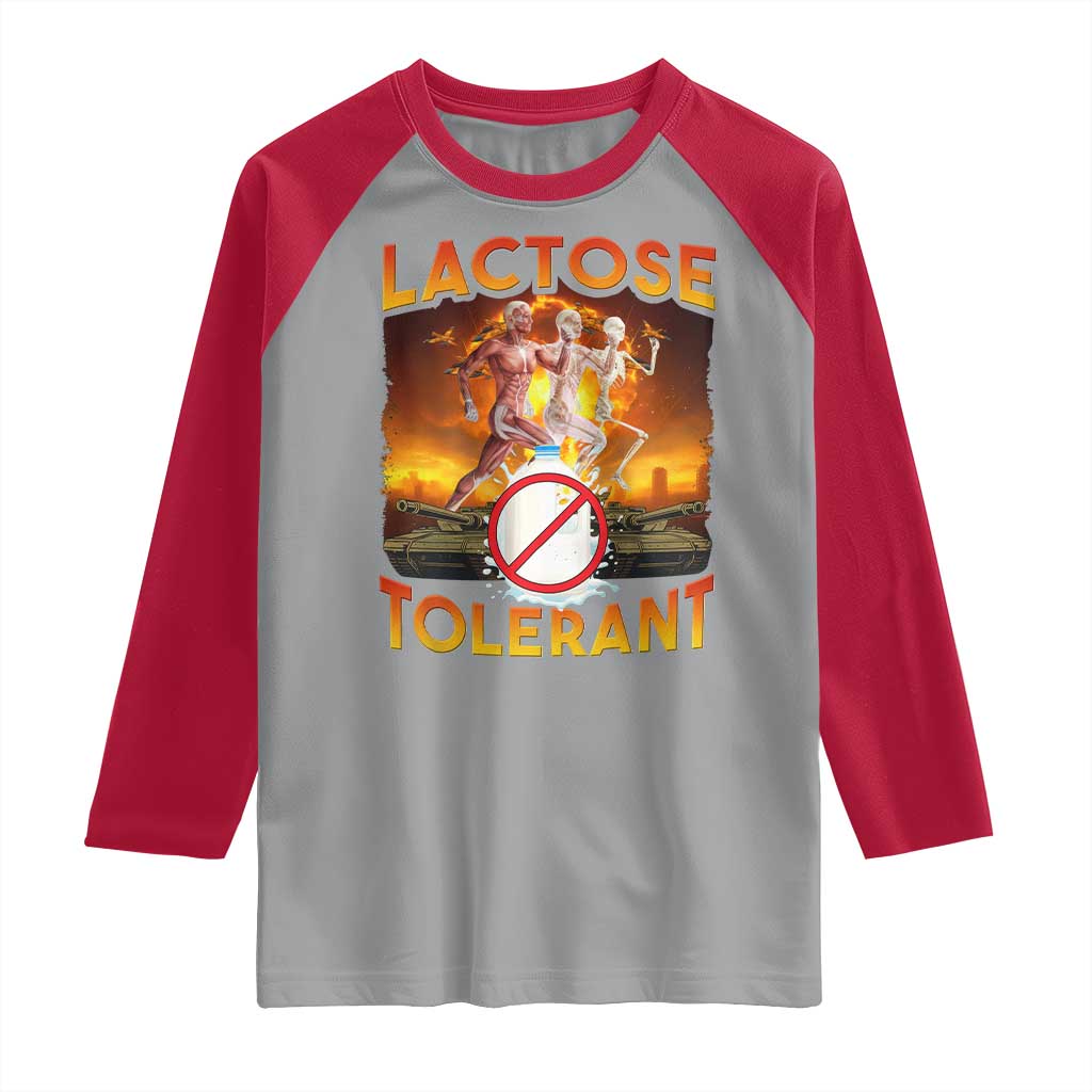 Funny Lactose Tolerant Raglan Shirt Ironic Sarcastic Funny Humor Cringe Meme - Wonder Print Shop