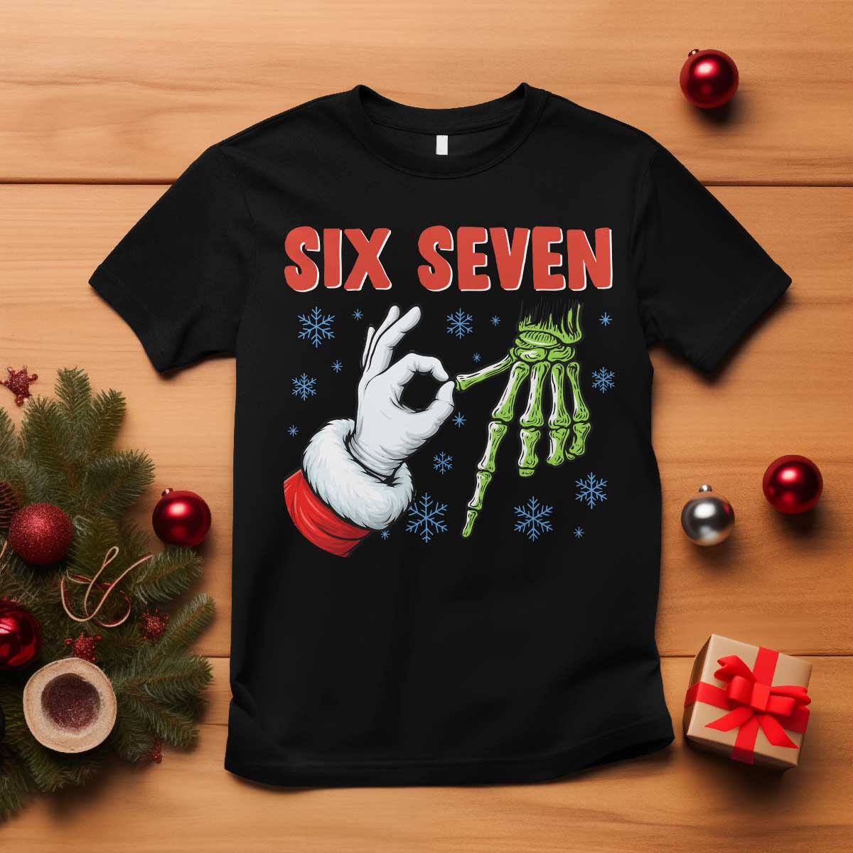 Funny 67 Christmas T Shirt Six Seven Meme Santa Skeleton Hands Gesture Gen Alpha - Wonder Print Shop