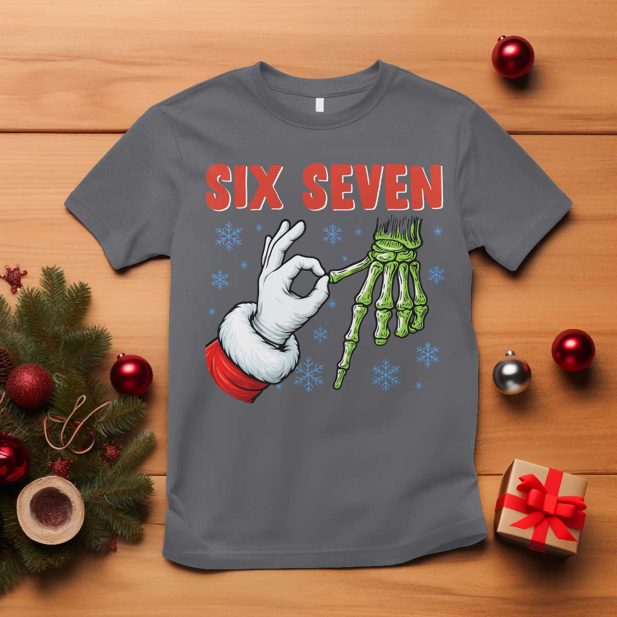Funny 67 Christmas T Shirt Six Seven Meme Santa Skeleton Hands Gesture Gen Alpha - Wonder Print Shop
