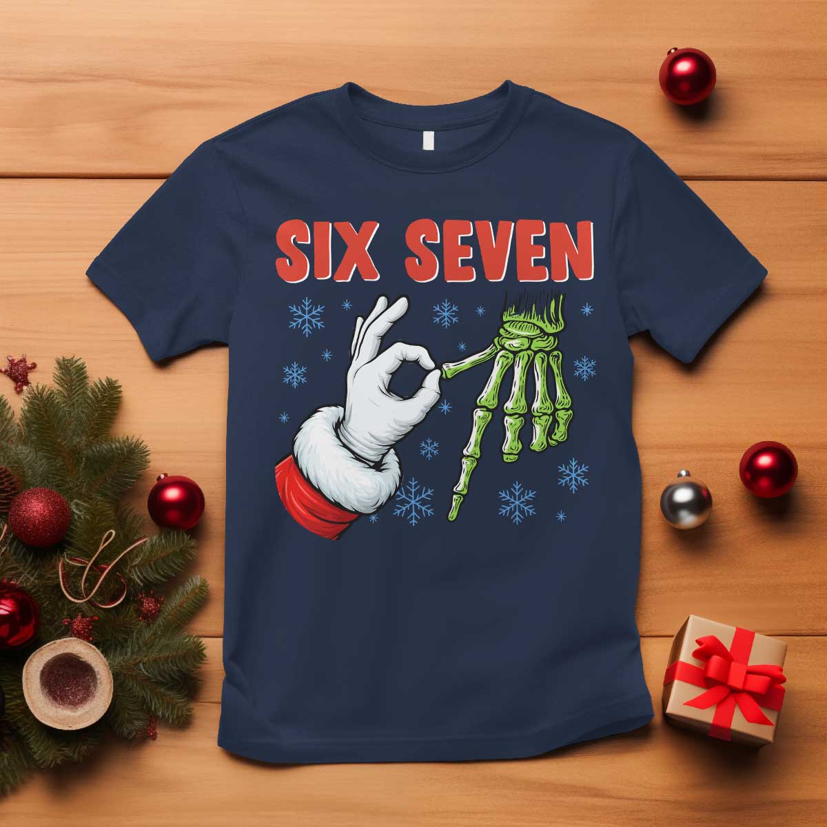 Funny 67 Christmas T Shirt Six Seven Meme Santa Skeleton Hands Gesture Gen Alpha - Wonder Print Shop