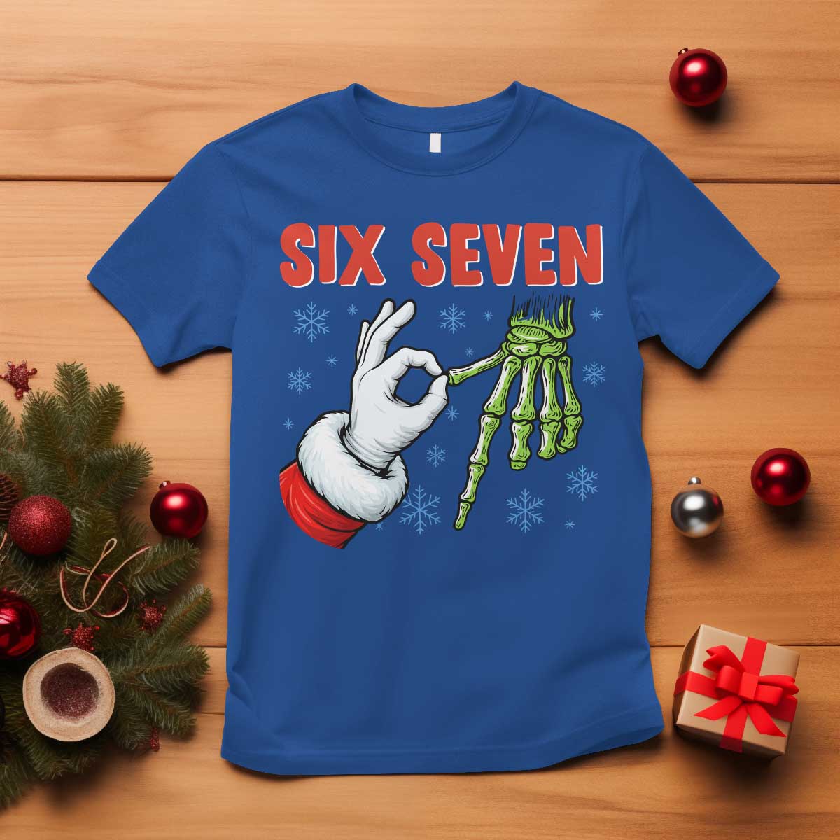 Funny 67 Christmas T Shirt Six Seven Meme Santa Skeleton Hands Gesture Gen Alpha - Wonder Print Shop