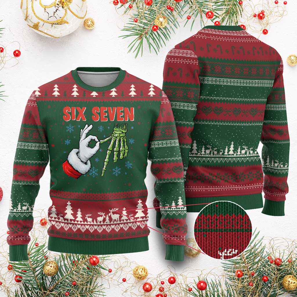 Funny 67 Christmas Ugly Christmas Sweater Six Seven Meme Santa Skeleton Hands Gesture Gen Alpha - Wonder Print Shop