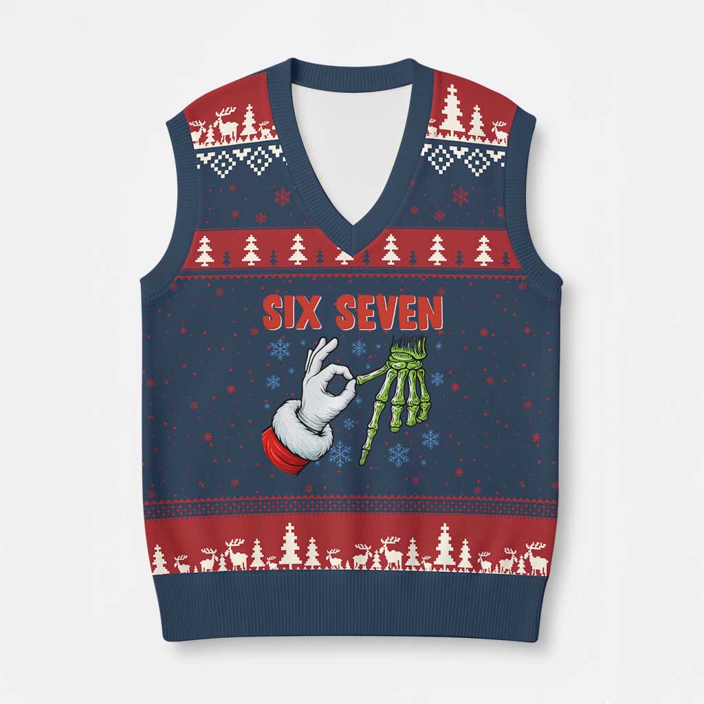 Funny 67 Xmas V-Neck Knit Sweater Vest Six Seven Meme Santa Skeleton Hands Gesture Gen Alpha - Wonder Print Shop