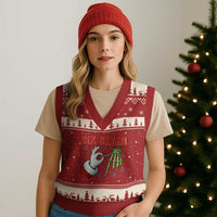 Funny 67 Xmas V-Neck Knit Sweater Vest Six Seven Meme Santa Skeleton Hands Gesture Gen Alpha - Wonder Print Shop