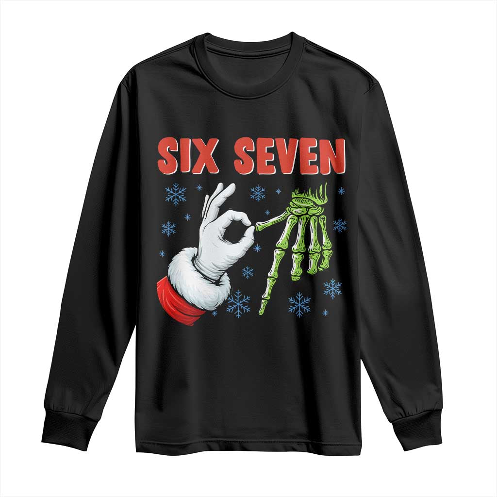Funny 67 Christmas Long Sleeve Shirt Six Seven Meme Santa Skeleton Hands Gesture Gen Alpha - Wonder Print Shop